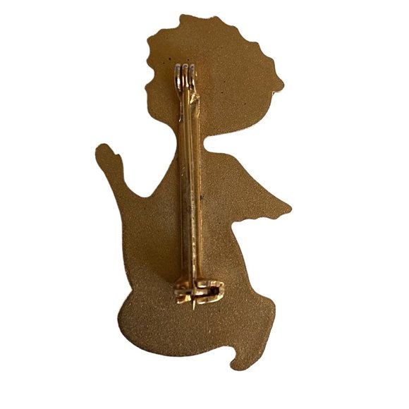 Vintage Gold Tone Praying Angel Brooch Pin Rhinestones Halo Etched Metal Disc - Picture 2 of 8